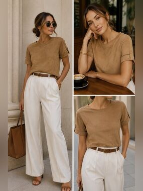 Banana Republic Camel Faux Suede Top XS Roll Tab Sleeve Blouse